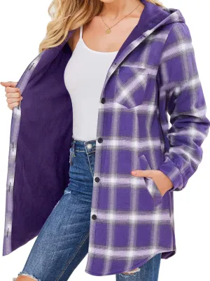 HOTOUCH Women Flannel Fleece Shacket Jacket Plaid Button Down Long Sleeve Shirt 2024 Fall Winter Outfits Clothes with Hooded