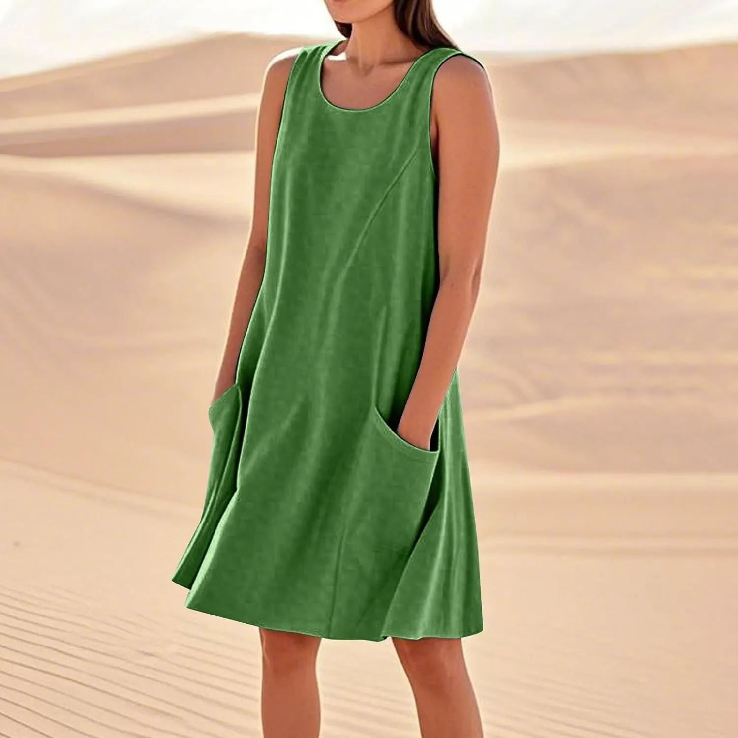 HTHLVMD Women's Summer Cotton Linen Midi Dress Sleeveless Elegant Flowy Dresses Plus Size Loose Comfy Dress with Pockets