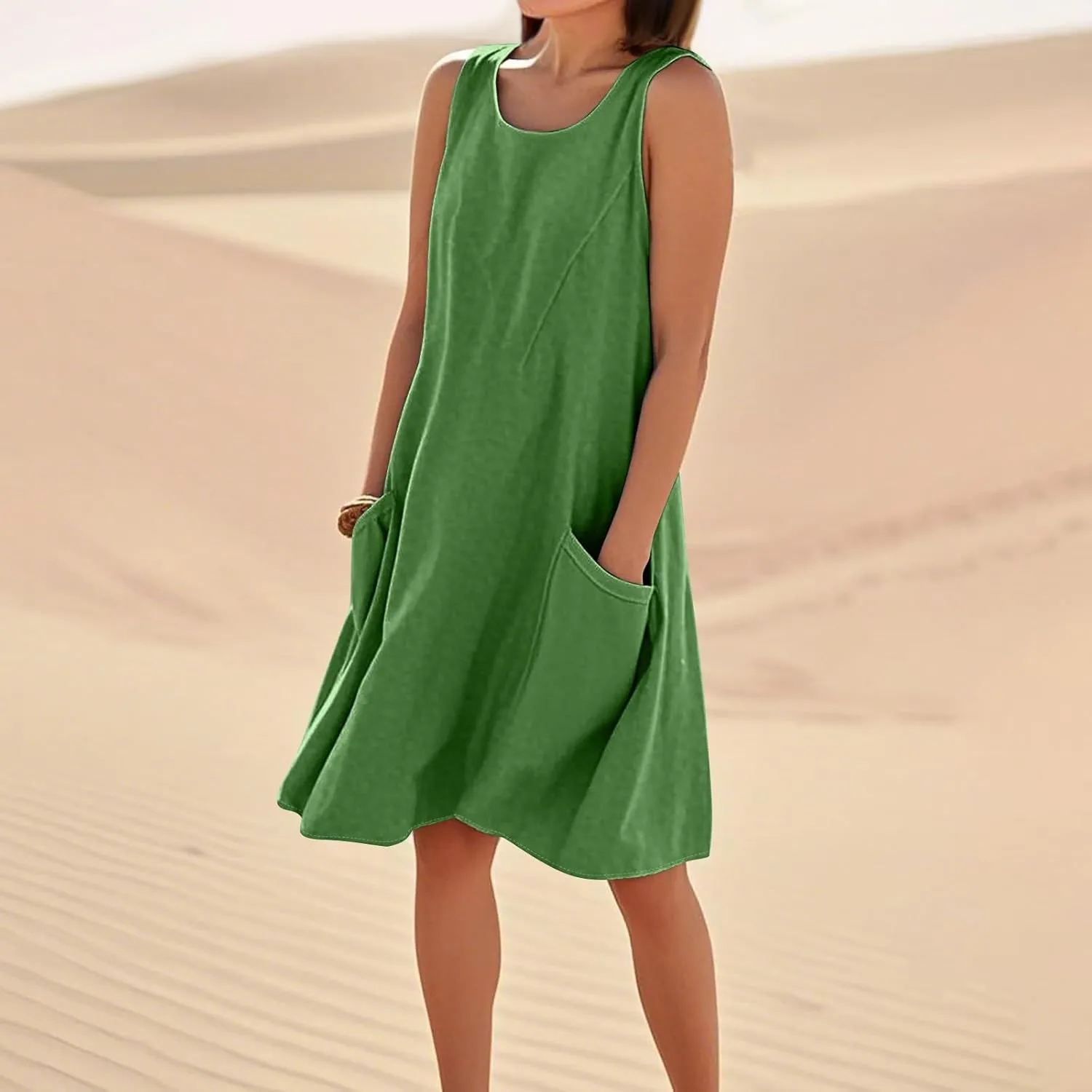 HTHLVMD Women's Summer Cotton Linen Midi Dress Sleeveless Elegant Flowy Dresses Plus Size Loose Comfy Dress with Pockets