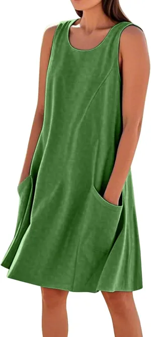 HTHLVMD Women's Summer Cotton Linen Midi Dress Sleeveless Elegant Flowy Dresses Plus Size Loose Comfy Dress with Pockets
