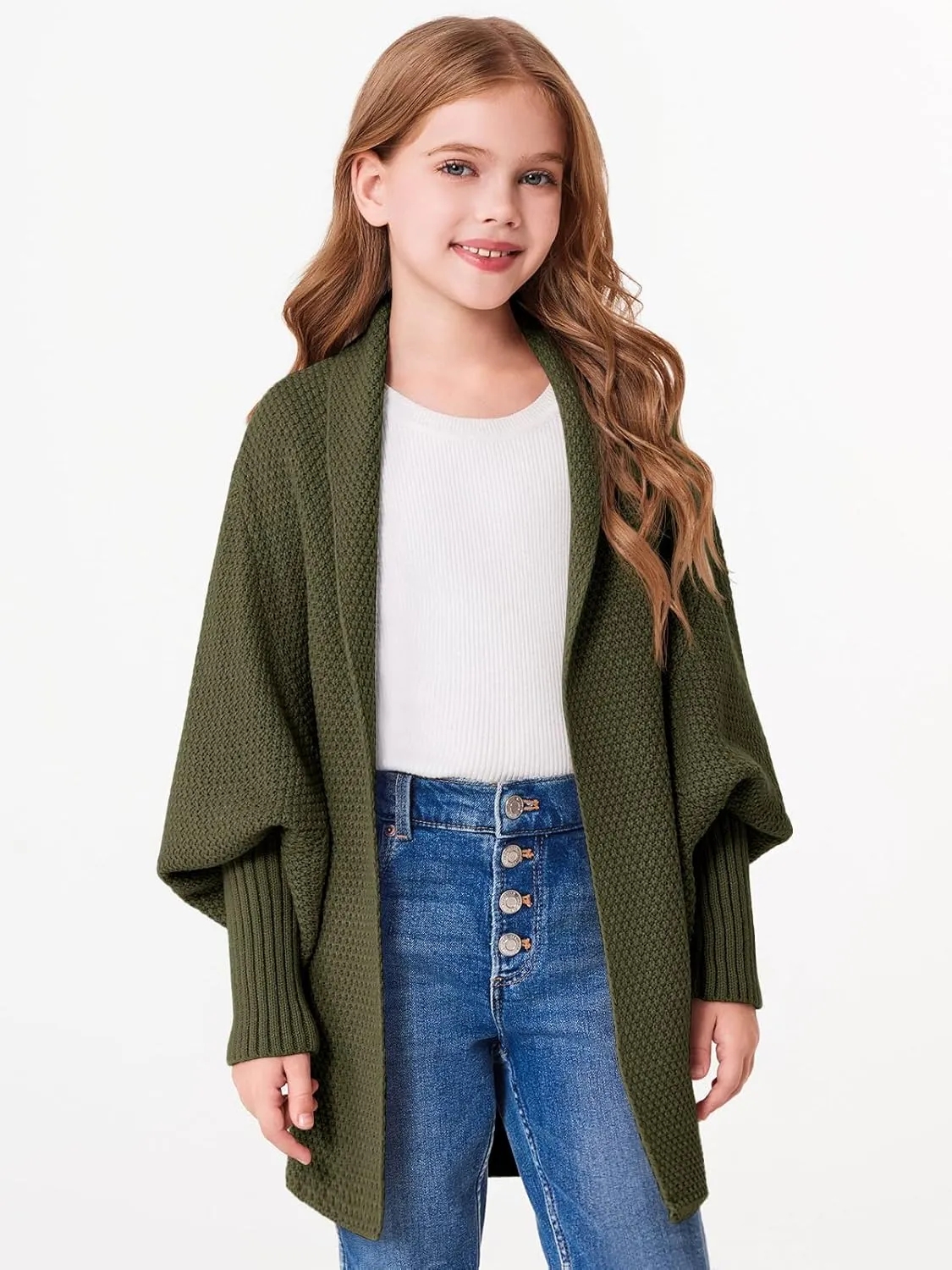 Imily Bela Girls Cardigans Kids Casual Batwing Sleeve Open Front Knitted Sweater