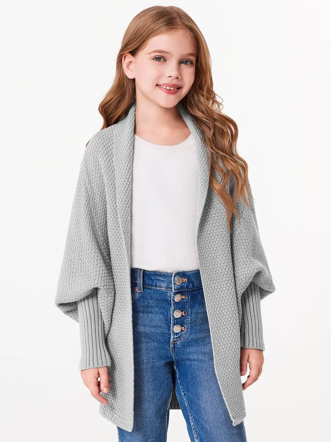 Imily Bela Girls Cardigans Kids Casual Batwing Sleeve Open Front Knitted Sweater