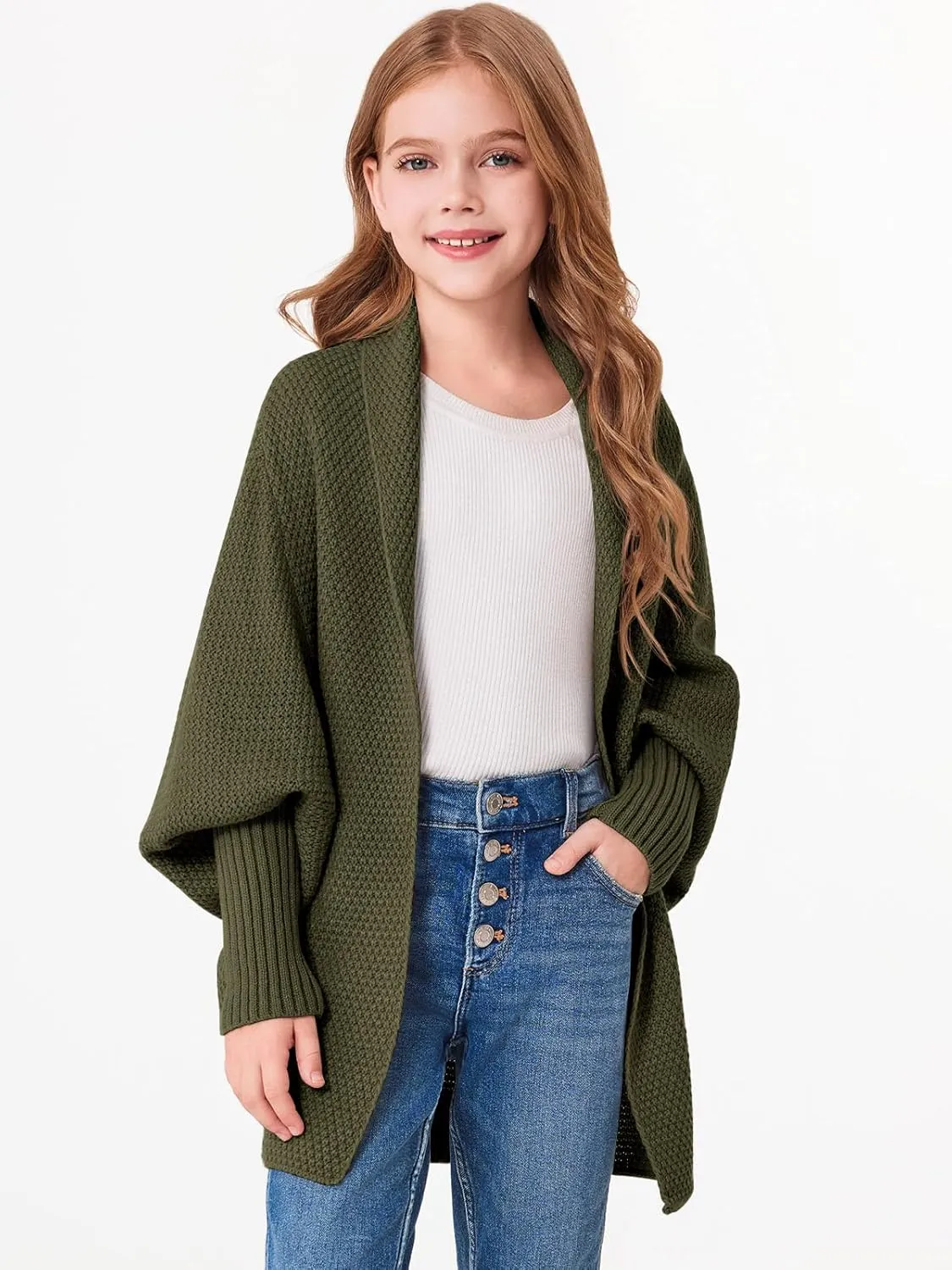 Imily Bela Girls Cardigans Kids Casual Batwing Sleeve Open Front Knitted Sweater