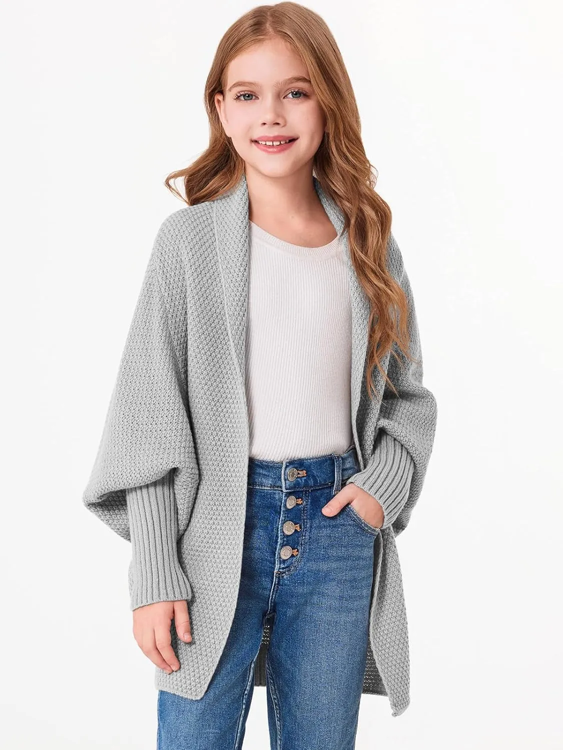 Imily Bela Girls Cardigans Kids Casual Batwing Sleeve Open Front Knitted Sweater