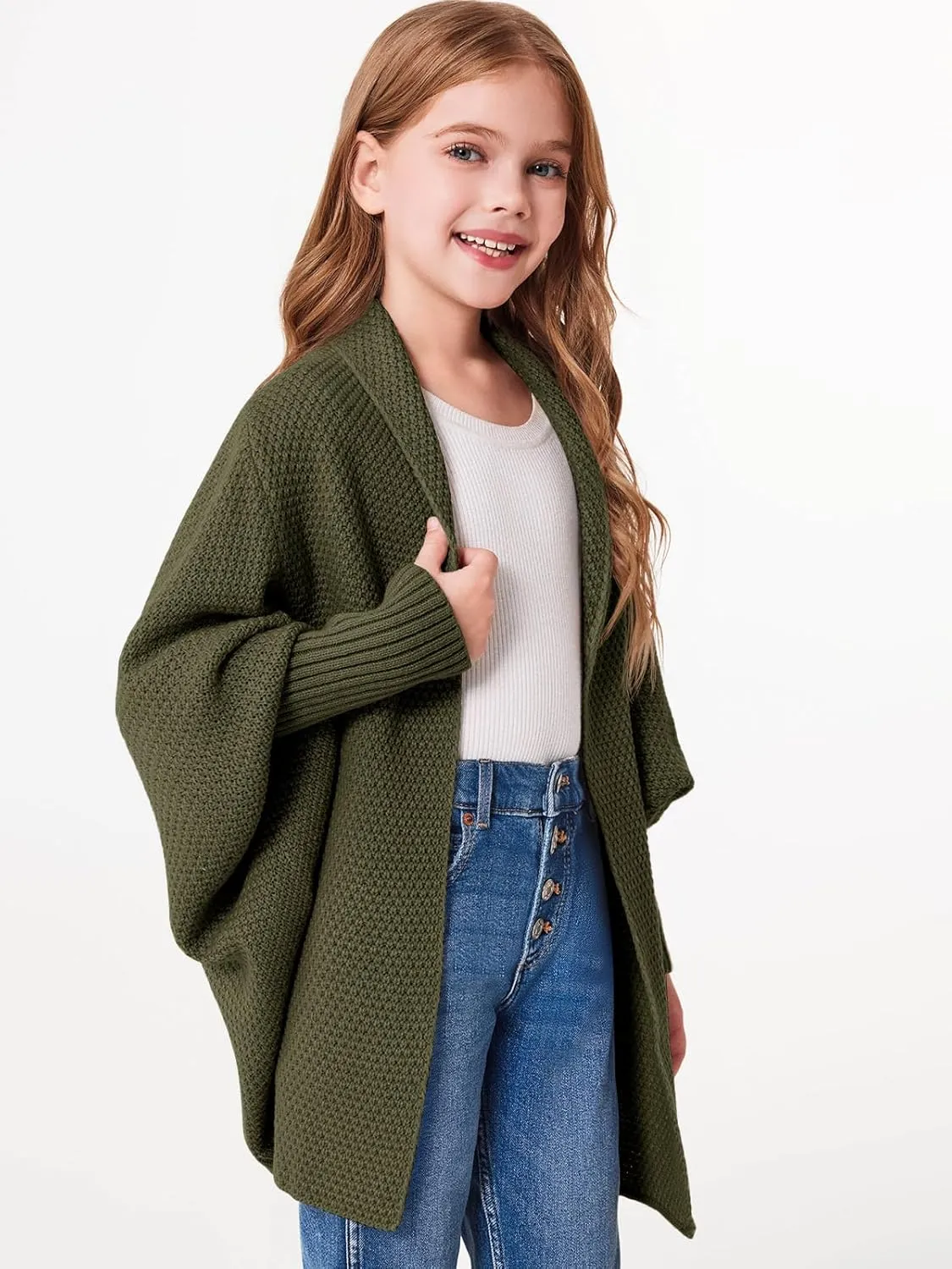 Imily Bela Girls Cardigans Kids Casual Batwing Sleeve Open Front Knitted Sweater