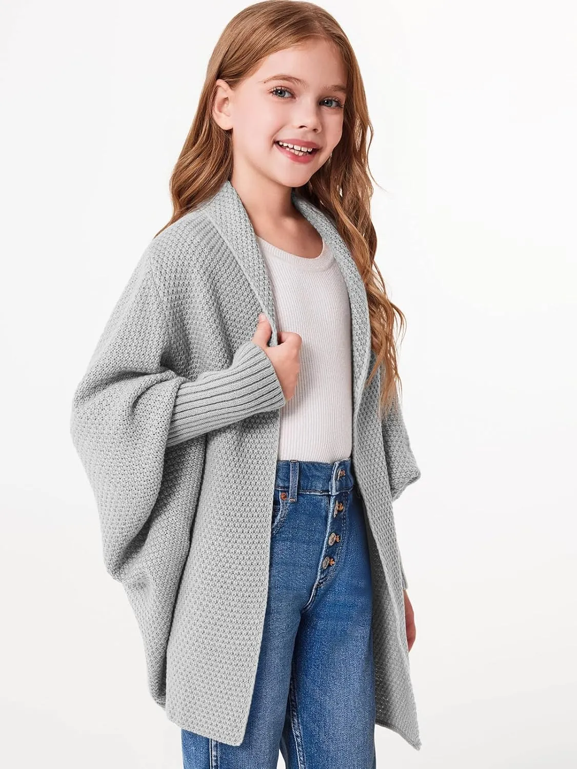 Imily Bela Girls Cardigans Kids Casual Batwing Sleeve Open Front Knitted Sweater