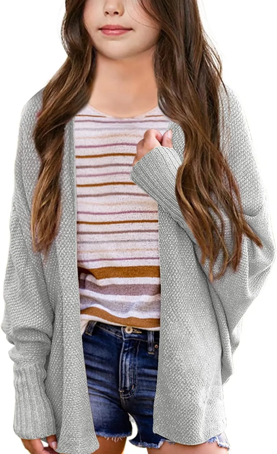 Imily Bela Girls Cardigans Kids Casual Batwing Sleeve Open Front Knitted Sweater