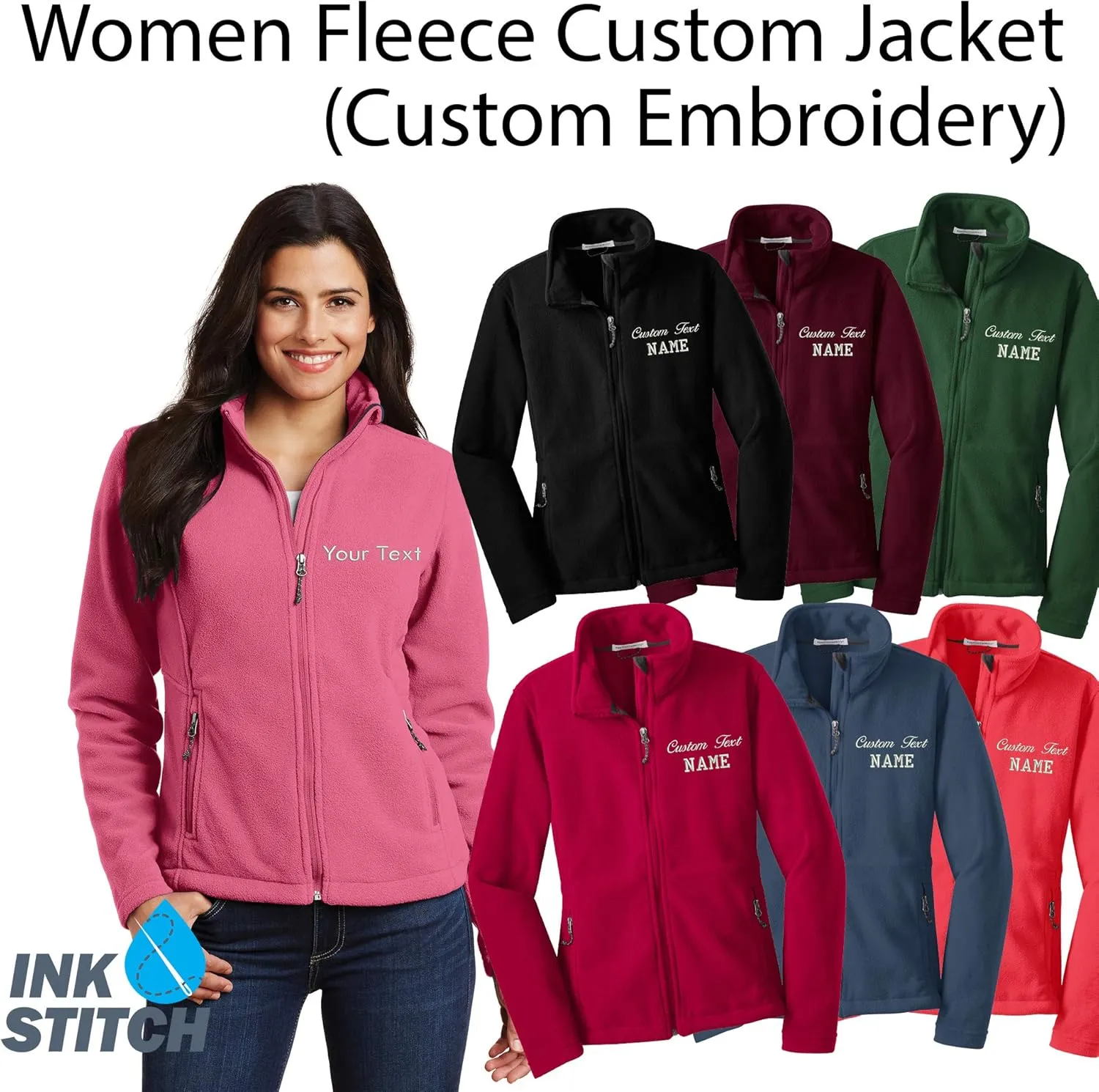 INK STITCH Ladies Custom Stitching Text Value Fleece Jackets - 12 Colors