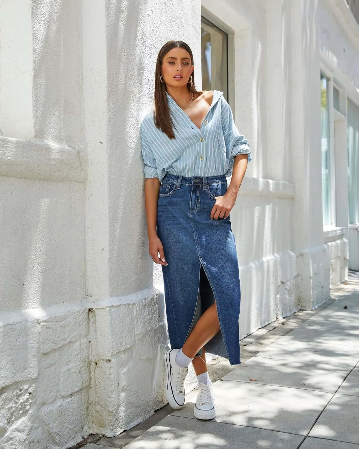 Jean Skirts for Women Denim High Waisted Slit Casual Long Skirt with Pockets