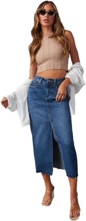 Jean Skirts for Women Denim High Waisted Slit Casual Long Skirt with Pockets