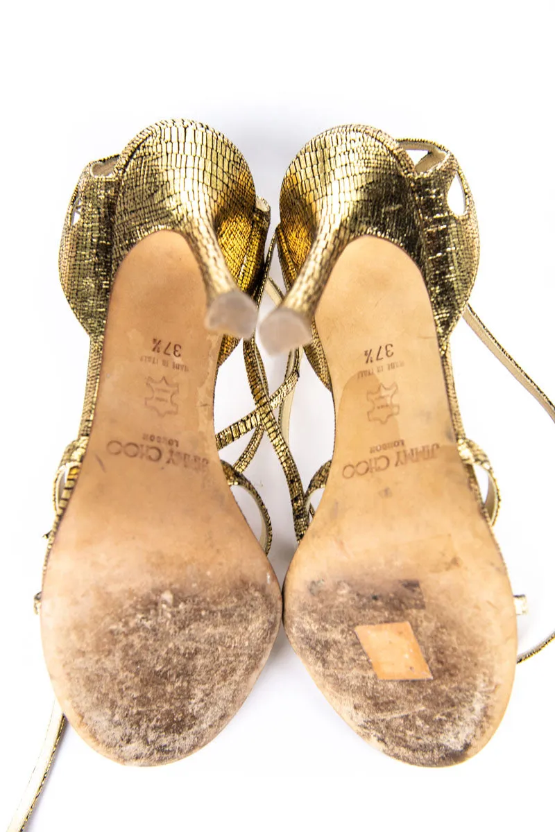 Jimmy Choo Gold Crackled Leather High Heel Sandals Size US 7.5 | EU 37.5
