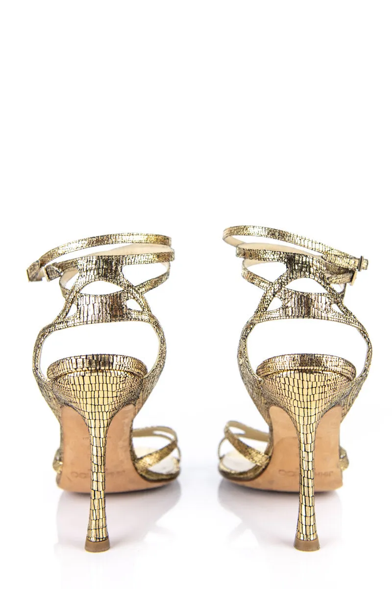 Jimmy Choo Gold Crackled Leather High Heel Sandals Size US 7.5 | EU 37.5