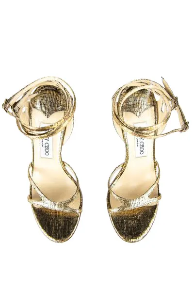 Jimmy Choo Gold Crackled Leather High Heel Sandals Size US 7.5 | EU 37.5