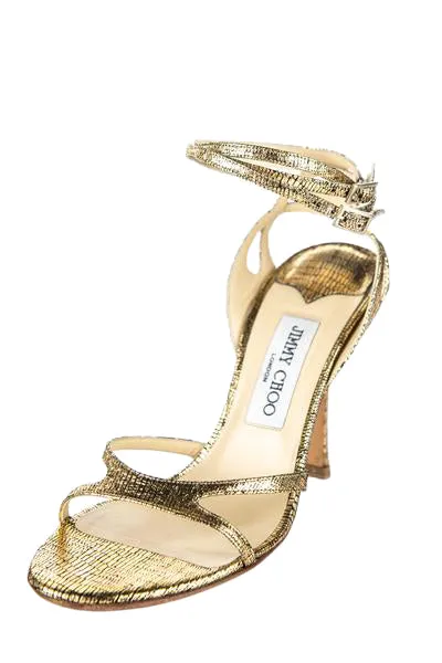 Jimmy Choo Gold Crackled Leather High Heel Sandals Size US 7.5 | EU 37.5