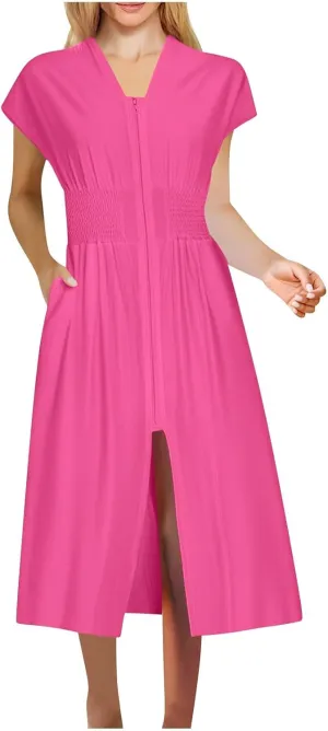JOAU Womens Summer Casual V Neck Cap Sleeve Dress Smocked Elastic Waist Zipper Front Flowy Pleated Midi Dresses with Pockets