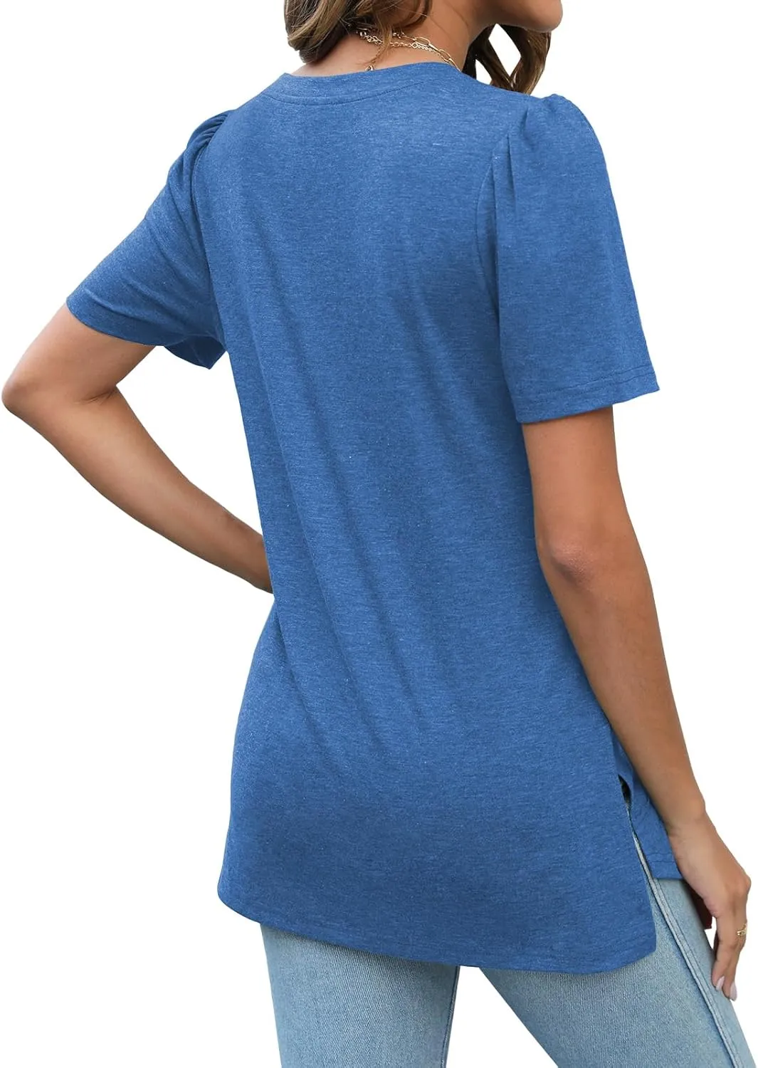 JomeDesign Summer Tops for Women Short Sleeve V Neck Shirts Side Split Loose Casual Tunic Tops