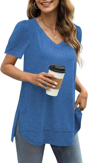 JomeDesign Summer Tops for Women Short Sleeve V Neck Shirts Side Split Loose Casual Tunic Tops