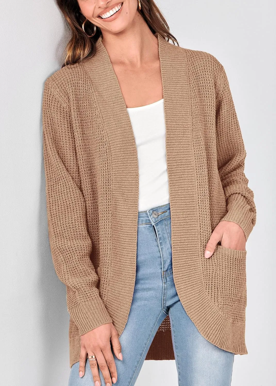 KIRUNDO Cardigan Sweaters for Women 2024 Fall Open Front Long Sleeve Loose Lightweight Knit Sweater Coat with Pockets