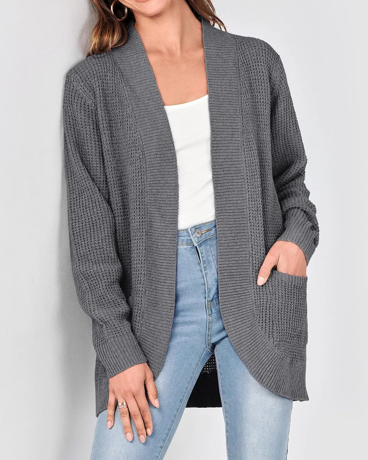 KIRUNDO Cardigan Sweaters for Women 2024 Fall Open Front Long Sleeve Loose Lightweight Knit Sweater Coat with Pockets