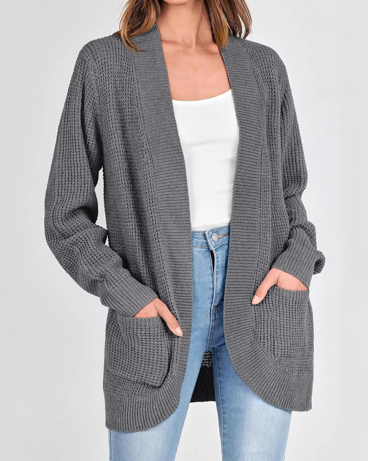KIRUNDO Cardigan Sweaters for Women 2024 Fall Open Front Long Sleeve Loose Lightweight Knit Sweater Coat with Pockets