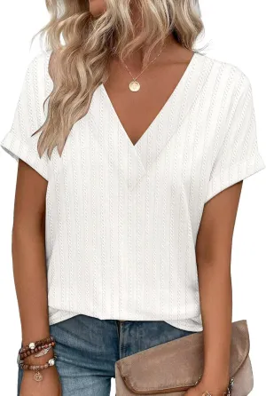 KKJ Womens Tops V Neck Textured Short Sleeve T Shirts Loose Fit Casual Cute Top 2025 Spring Summer Outfits Trendy Clothes