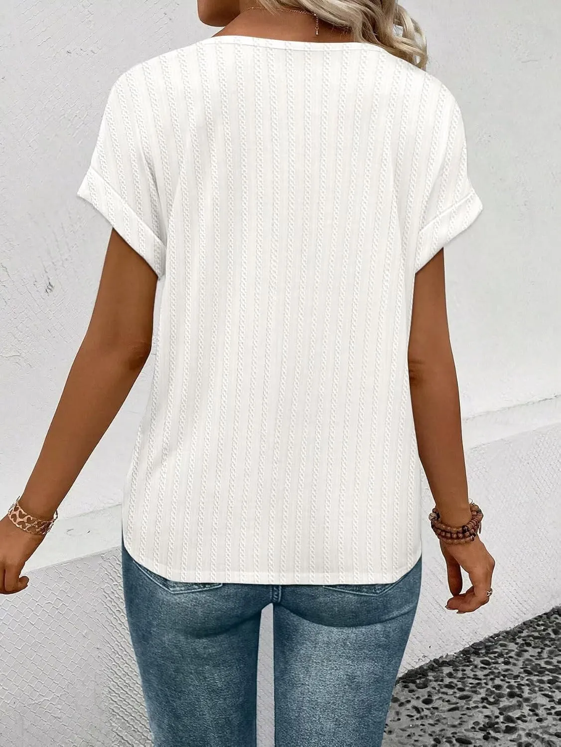 KKJ Womens Tops V Neck Textured Short Sleeve T Shirts Loose Fit Casual Cute Top 2025 Spring Summer Outfits Trendy Clothes