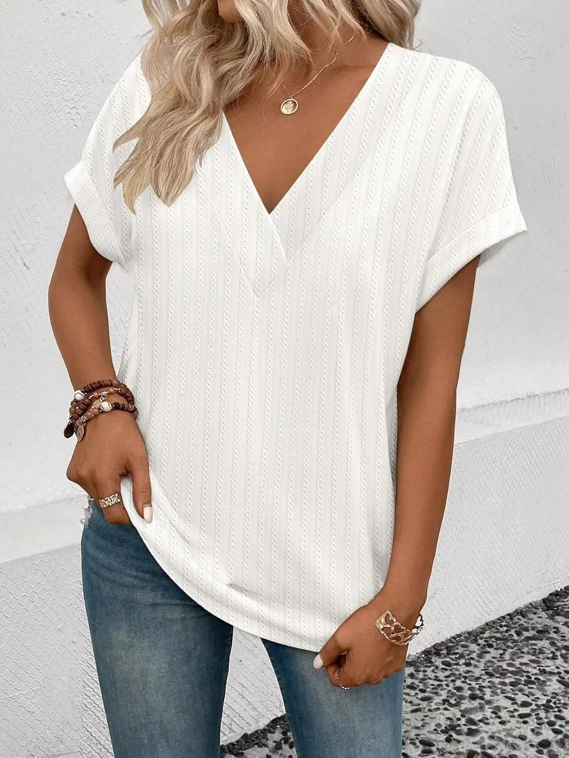 KKJ Womens Tops V Neck Textured Short Sleeve T Shirts Loose Fit Casual Cute Top 2025 Spring Summer Outfits Trendy Clothes