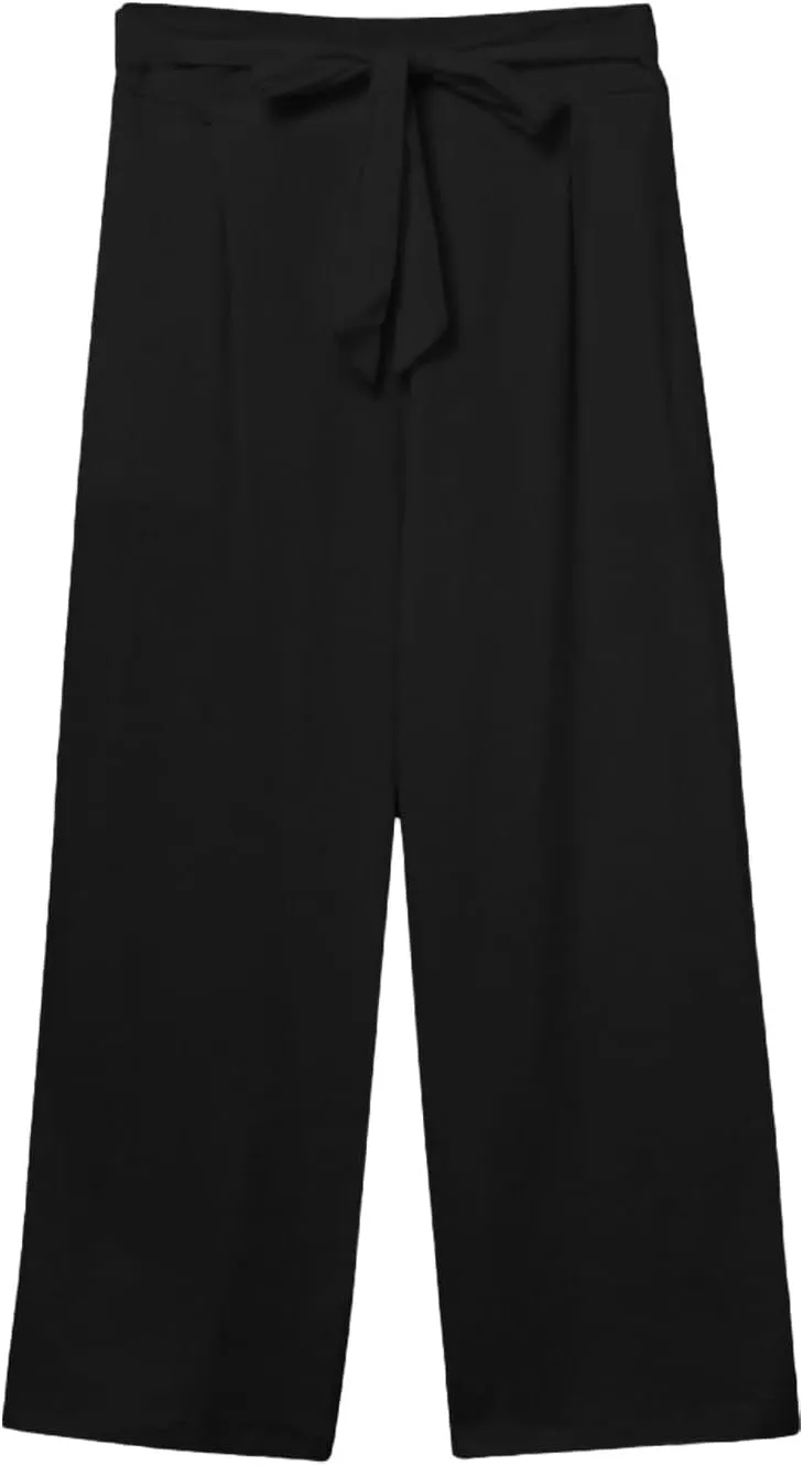 Kubbon Womens Capri Pants Cotton Linen Summer Straight Leg Pants Tie Knot High Waist Pant Cropped Trousers with Pockets