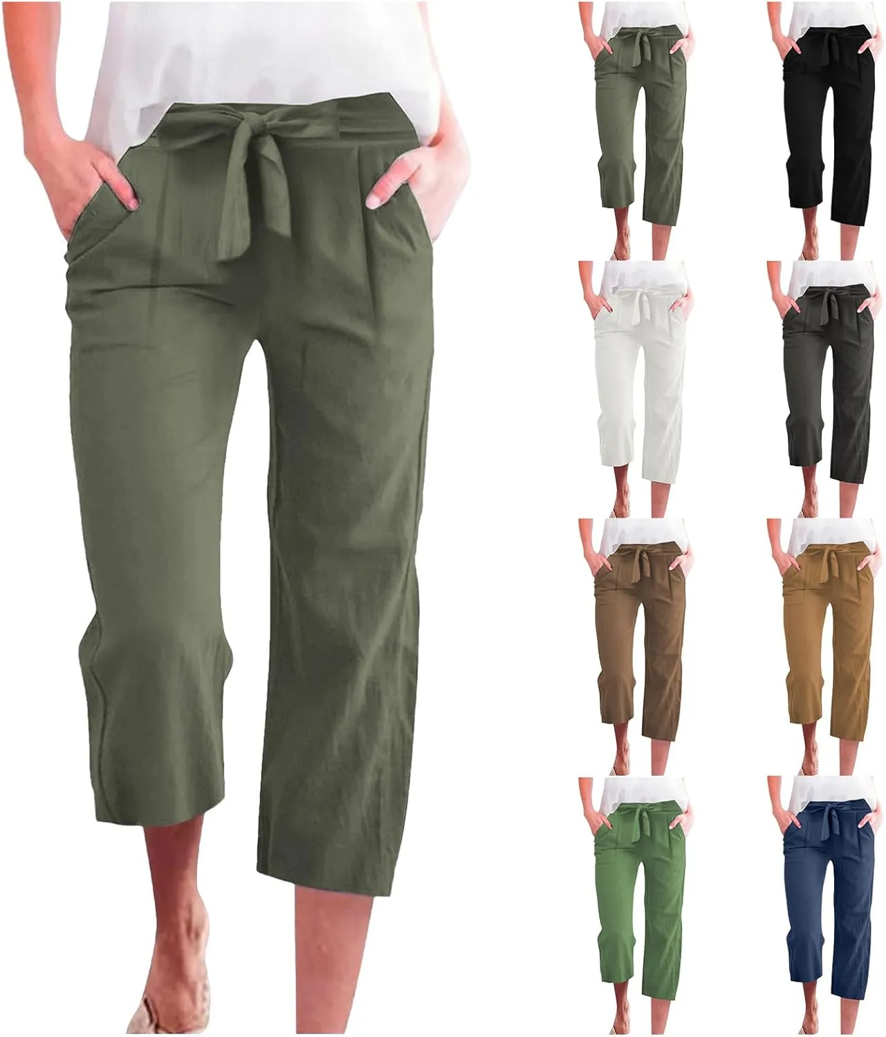 Kubbon Womens Capri Pants Cotton Linen Summer Straight Leg Pants Tie Knot High Waist Pant Cropped Trousers with Pockets