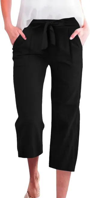 Kubbon Womens Capri Pants Cotton Linen Summer Straight Leg Pants Tie Knot High Waist Pant Cropped Trousers with Pockets