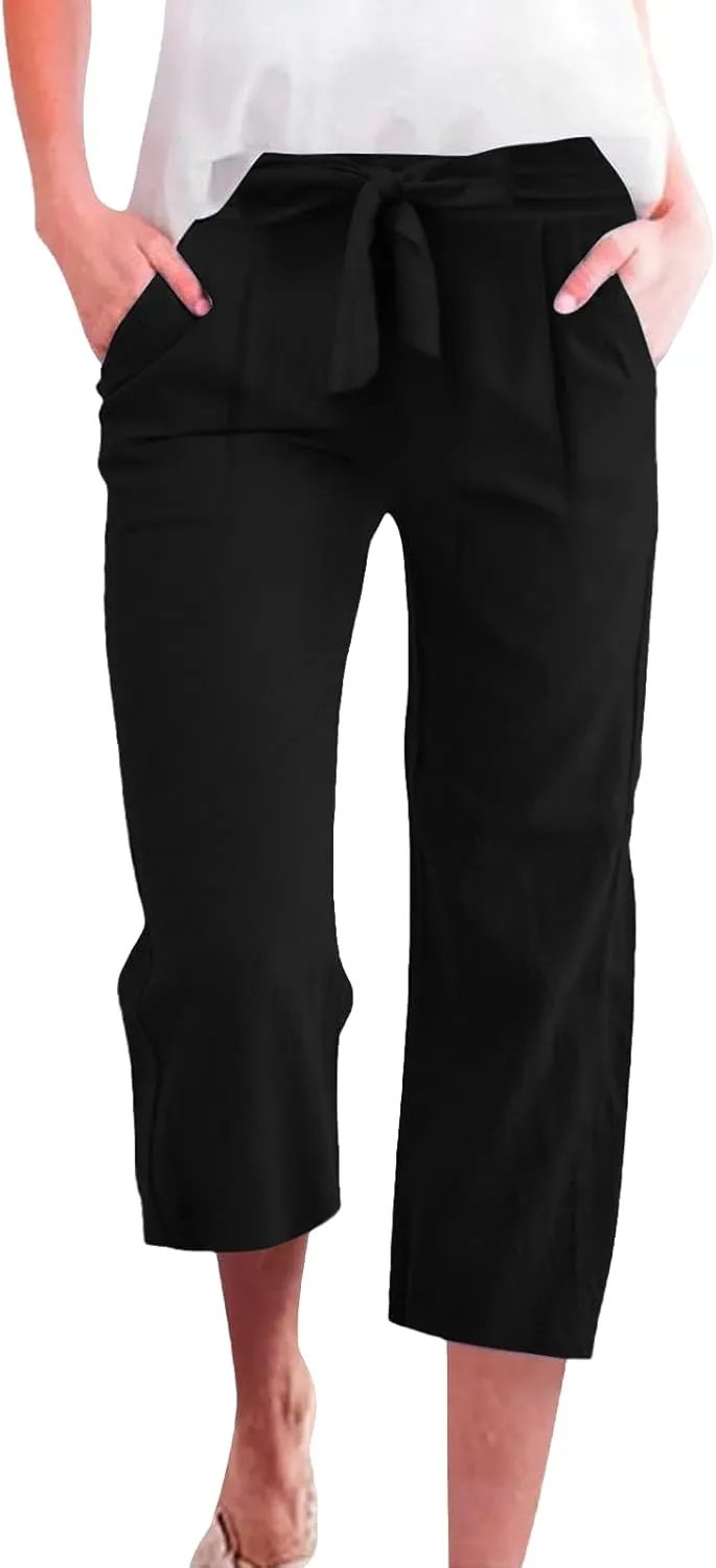 Kubbon Womens Capri Pants Cotton Linen Summer Straight Leg Pants Tie Knot High Waist Pant Cropped Trousers with Pockets