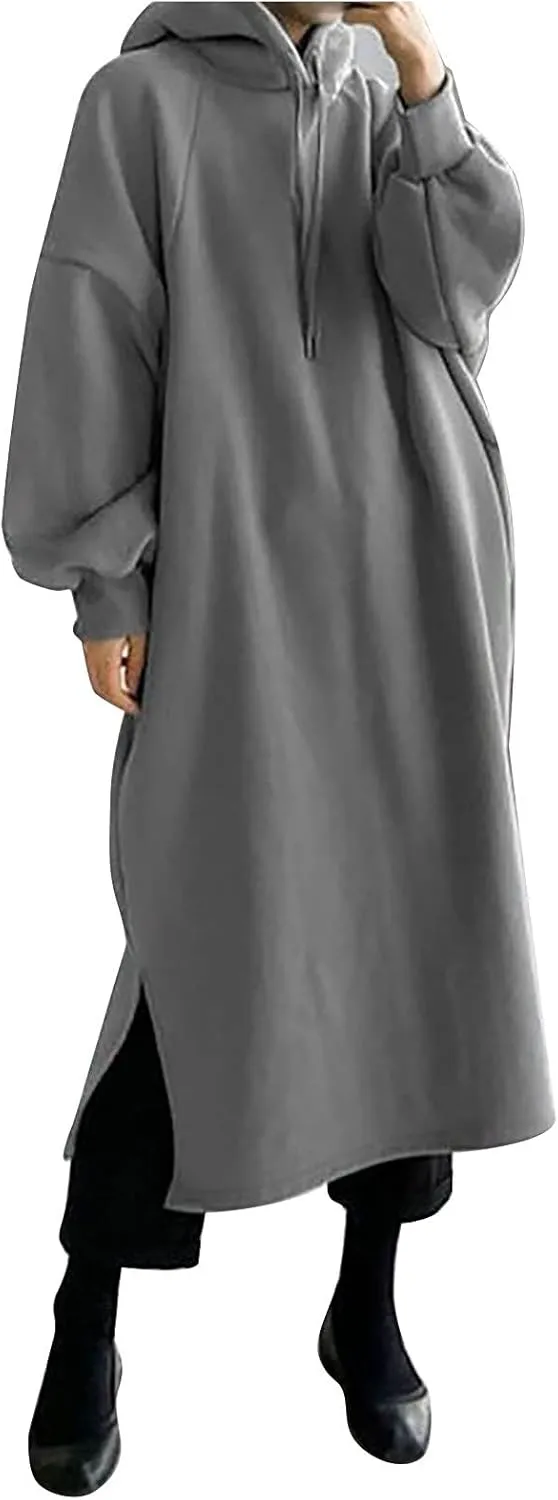 Kubbon Women's Pullover Hoodie Fleece Hooded Sweatshirt Maxi Dress Baggy Loose Long Sleeve Tops Plus Size Business Shirts