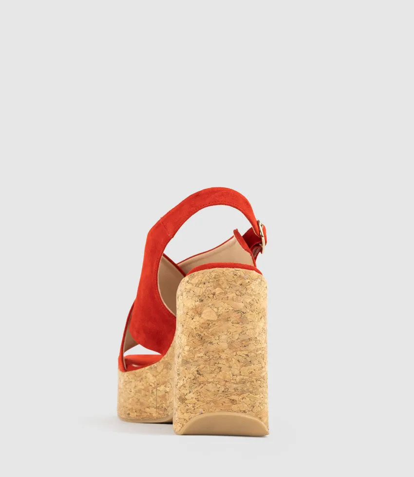 LATINE Crossover Sandal on Cork Unit in Red Suede