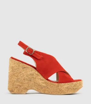 LATINE Crossover Sandal on Cork Unit in Red Suede