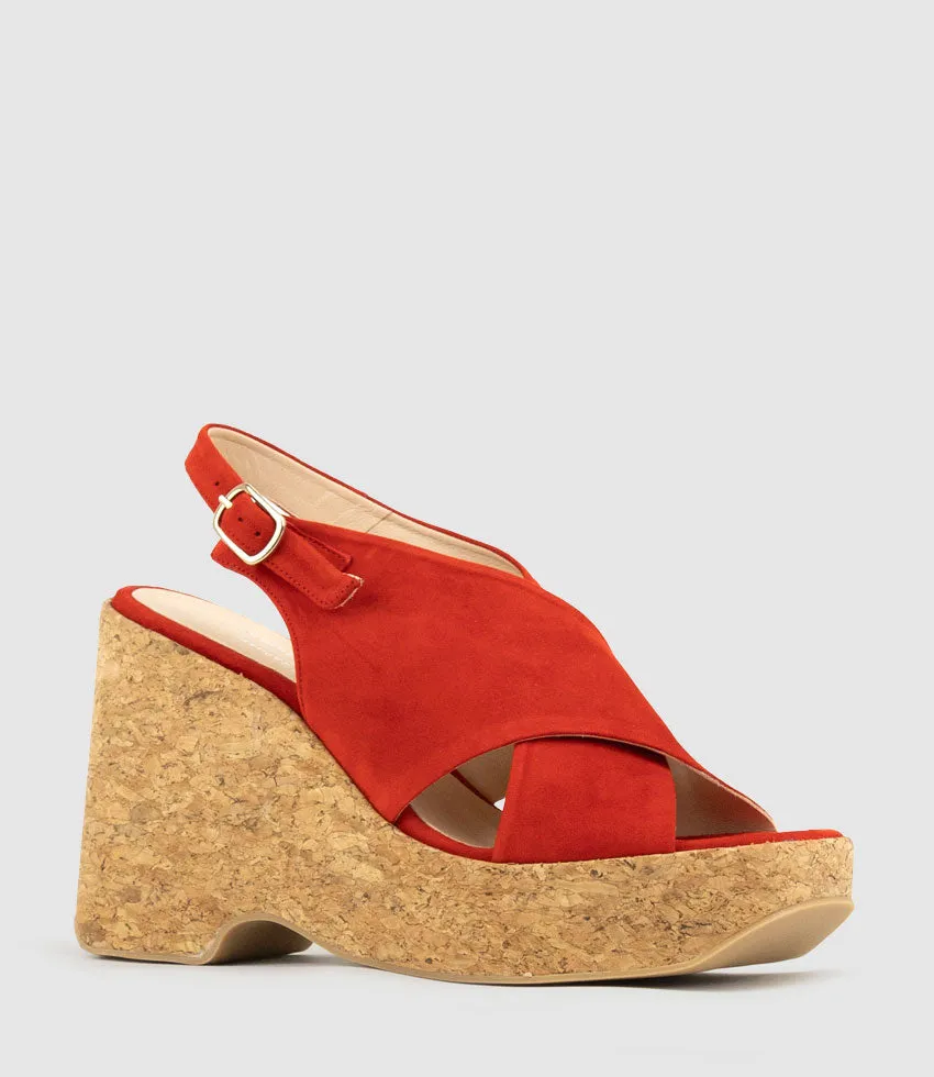 LATINE Crossover Sandal on Cork Unit in Red Suede