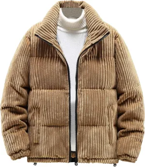 lcziwo Mens Quilted Corduroy Puffer Jacket Plus Size Zip up Stand Collar Padded Cotton Jacket Warm Thick Winter Coat