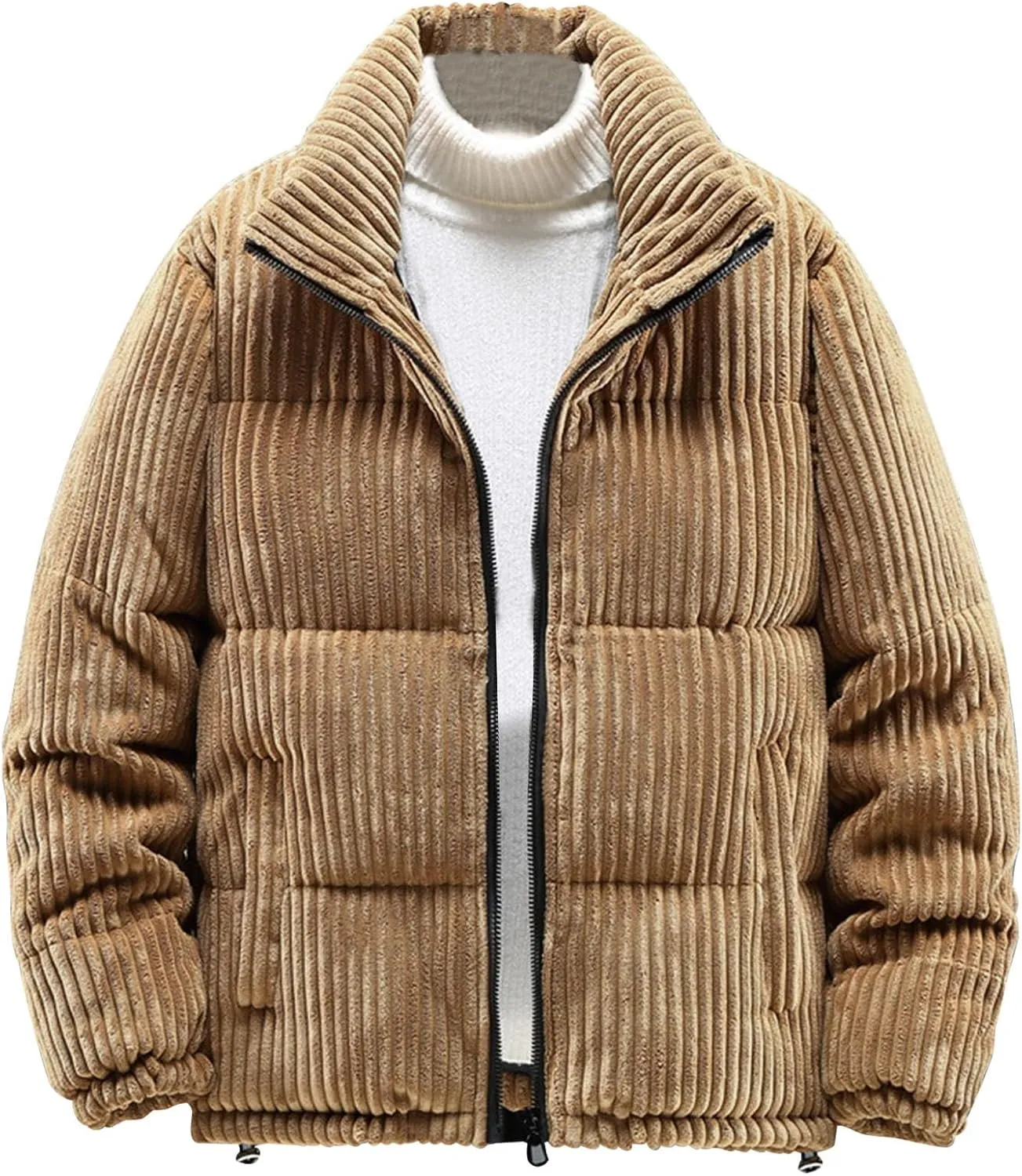 lcziwo Mens Quilted Corduroy Puffer Jacket Plus Size Zip up Stand Collar Padded Cotton Jacket Warm Thick Winter Coat