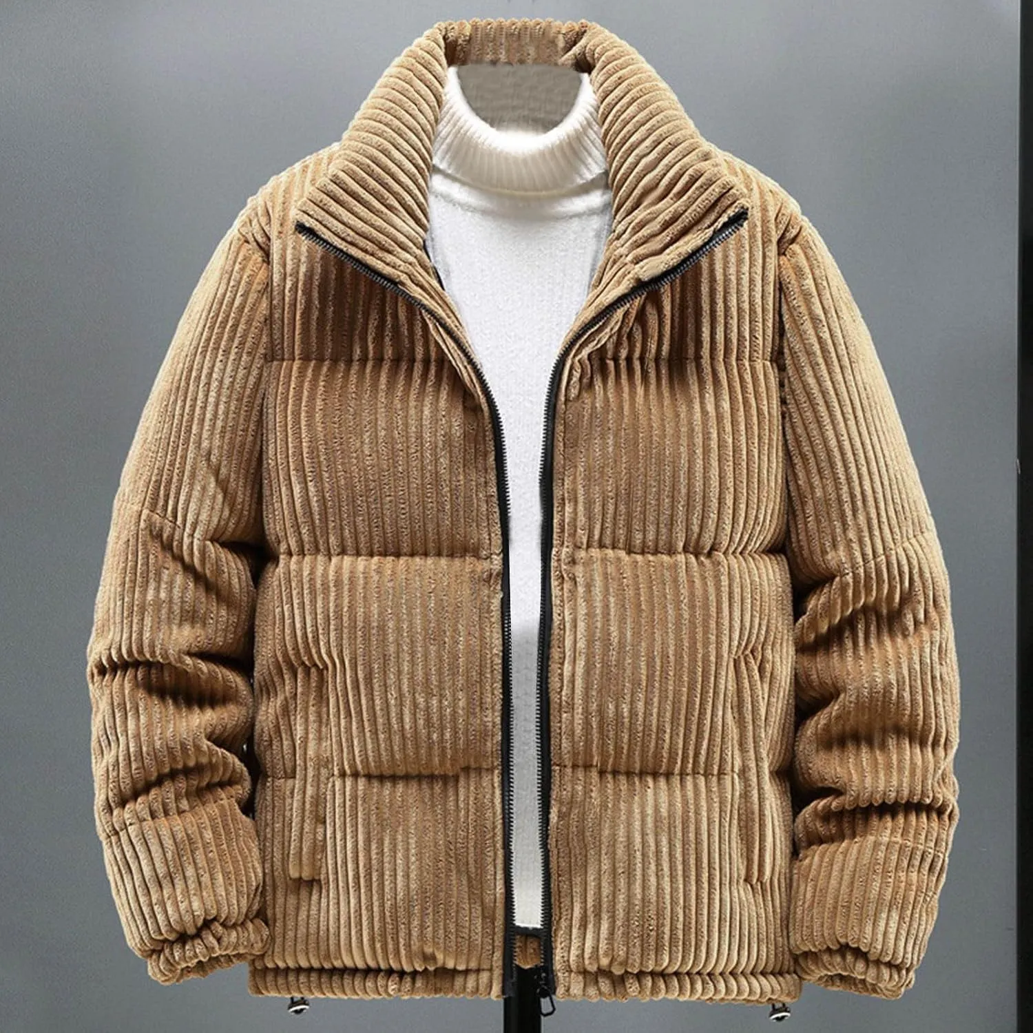 lcziwo Mens Quilted Corduroy Puffer Jacket Plus Size Zip up Stand Collar Padded Cotton Jacket Warm Thick Winter Coat