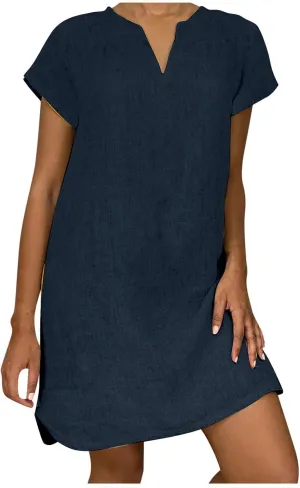 LFEOOST Plus Size Summer Dresses for Women 2023 Fashion Short Sleeve Casual V Neck Solid Loose Ladies Cotton Linen Midi Dress