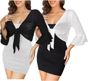 LIENRIDY Women's Tie Front Ruffle Cuffs 3/4 Sleeve Shrug Bolero Lightweight Sheer Cropped Cardigans S-XL