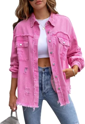 LifeShe Women's Denim Jacket Oversized Button Down Jean Shirts Shacket Ripped Distressed Frayed Coat