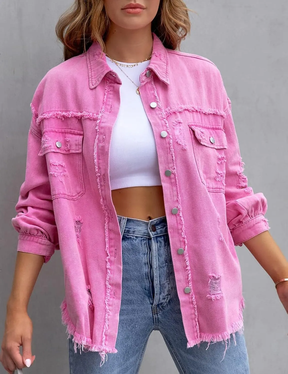 LifeShe Women's Denim Jacket Oversized Button Down Jean Shirts Shacket Ripped Distressed Frayed Coat