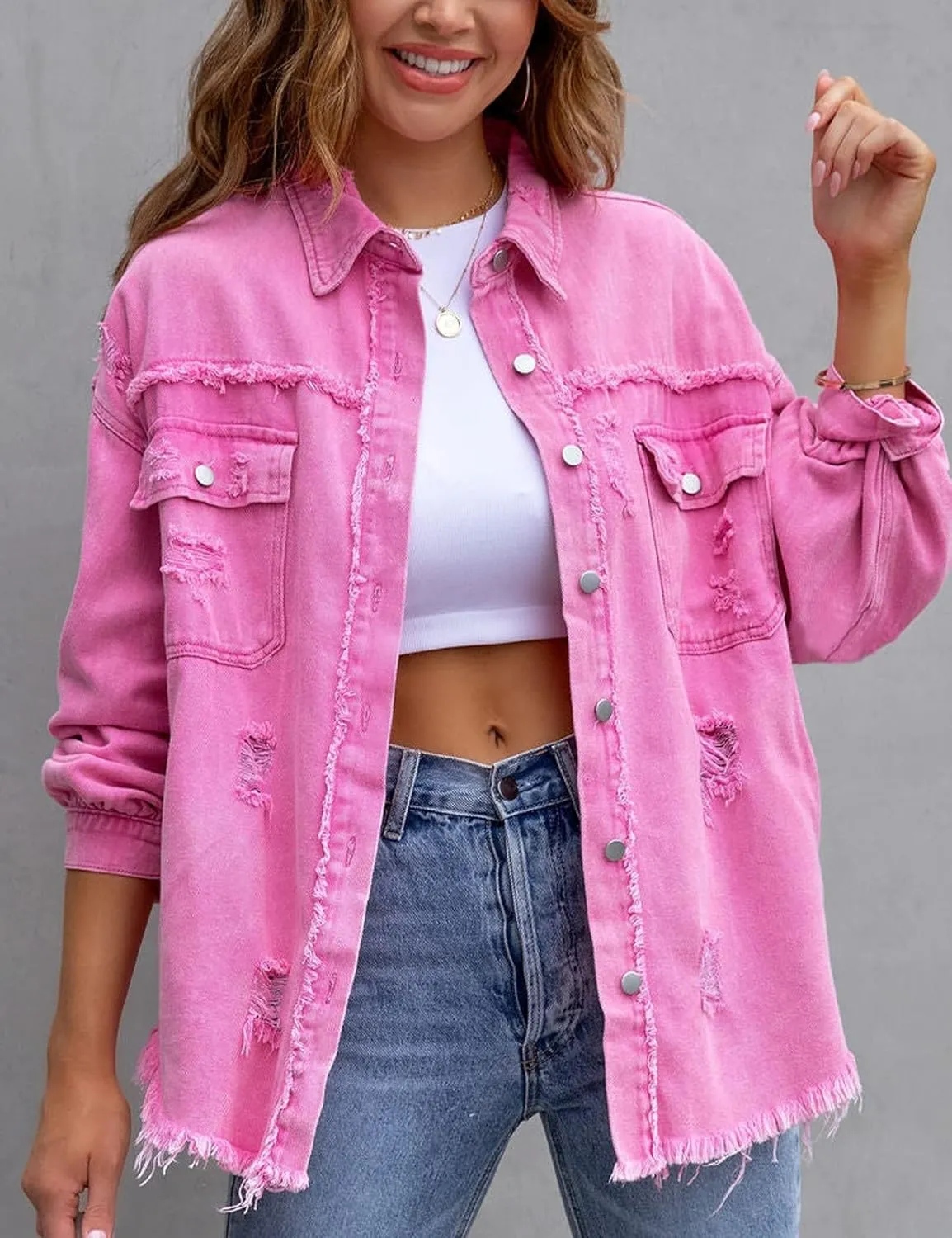 LifeShe Women's Denim Jacket Oversized Button Down Jean Shirts Shacket Ripped Distressed Frayed Coat