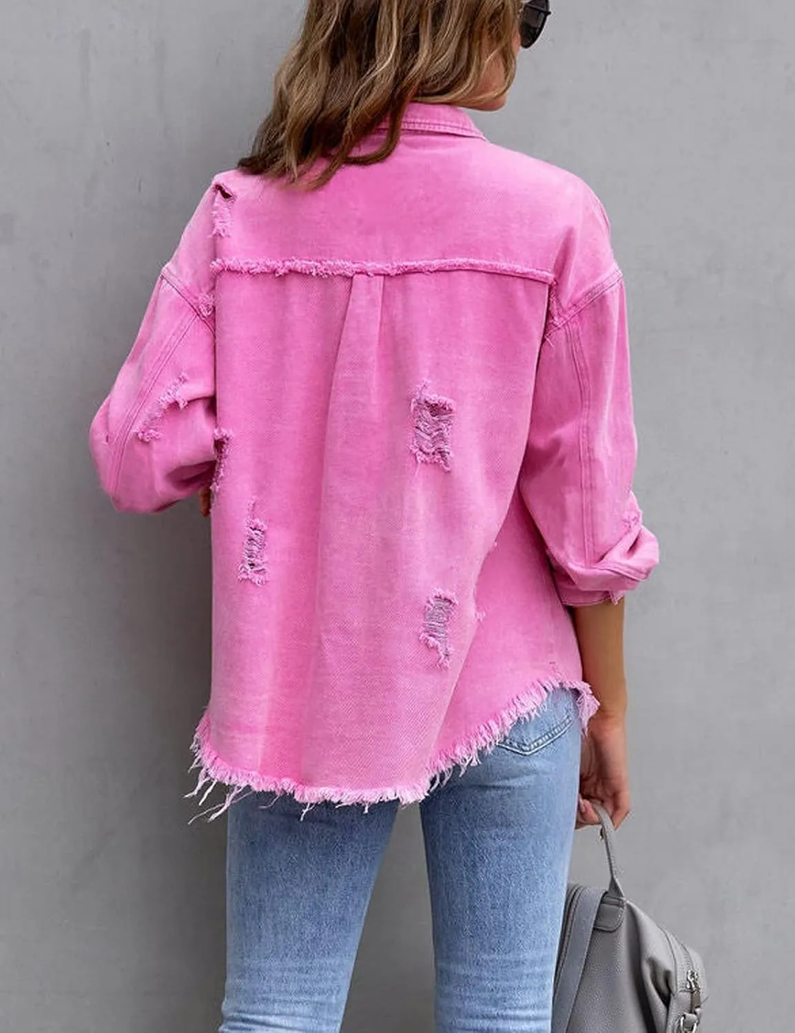 LifeShe Women's Denim Jacket Oversized Button Down Jean Shirts Shacket Ripped Distressed Frayed Coat