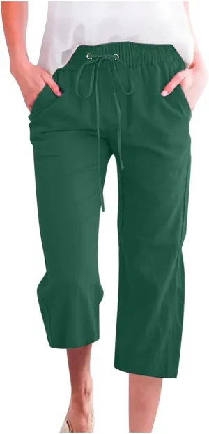 Linen Capri Pants for Women High Waist Casual Wide Straight Leg Trousers 2025 Summer Elastic Plus Size Lounge