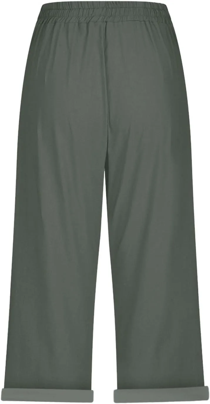 Linen Capri Pants for Women High Waisted Drawstring Trousers Comfy Soft Pant Summer Casual Beach Wear