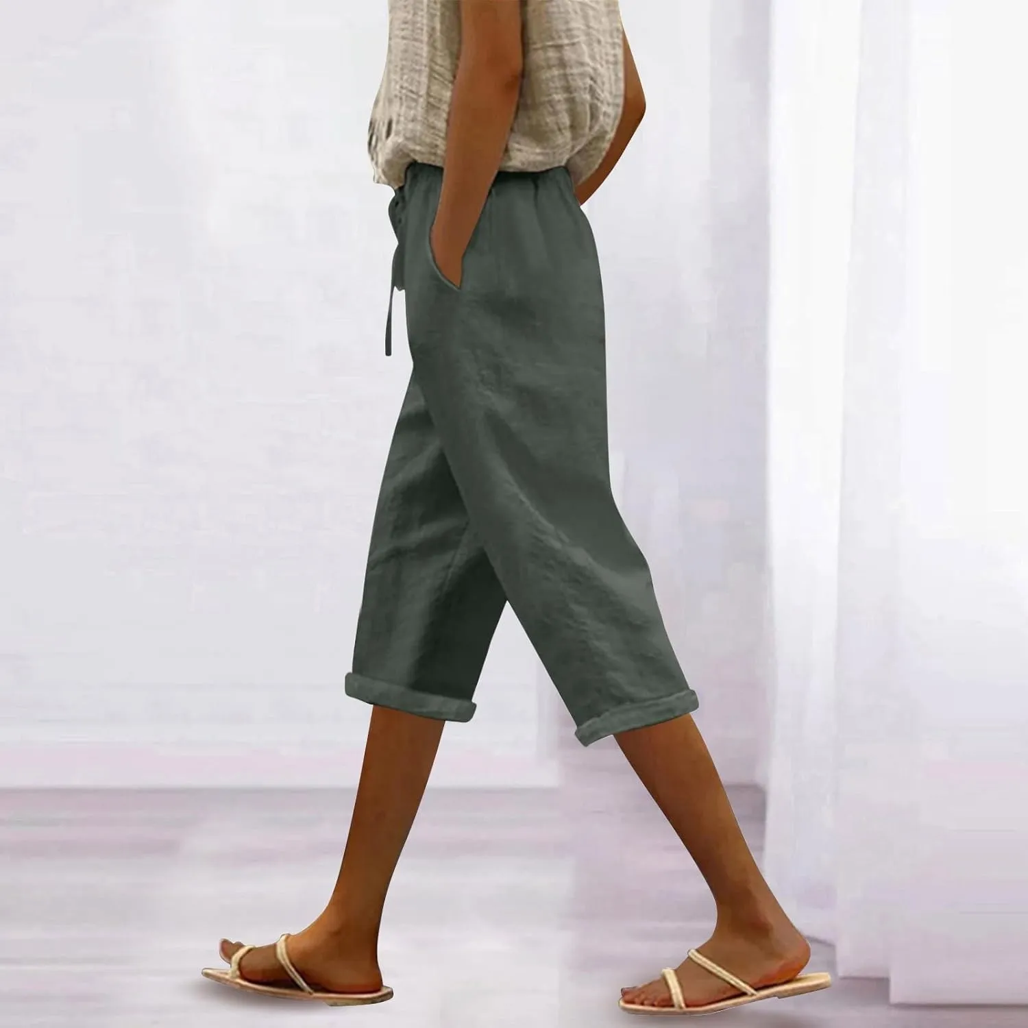 Linen Capri Pants for Women High Waisted Drawstring Trousers Comfy Soft Pant Summer Casual Beach Wear