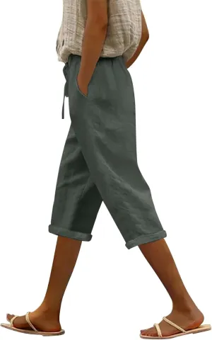 Linen Capri Pants for Women High Waisted Drawstring Trousers Comfy Soft Pant Summer Casual Beach Wear