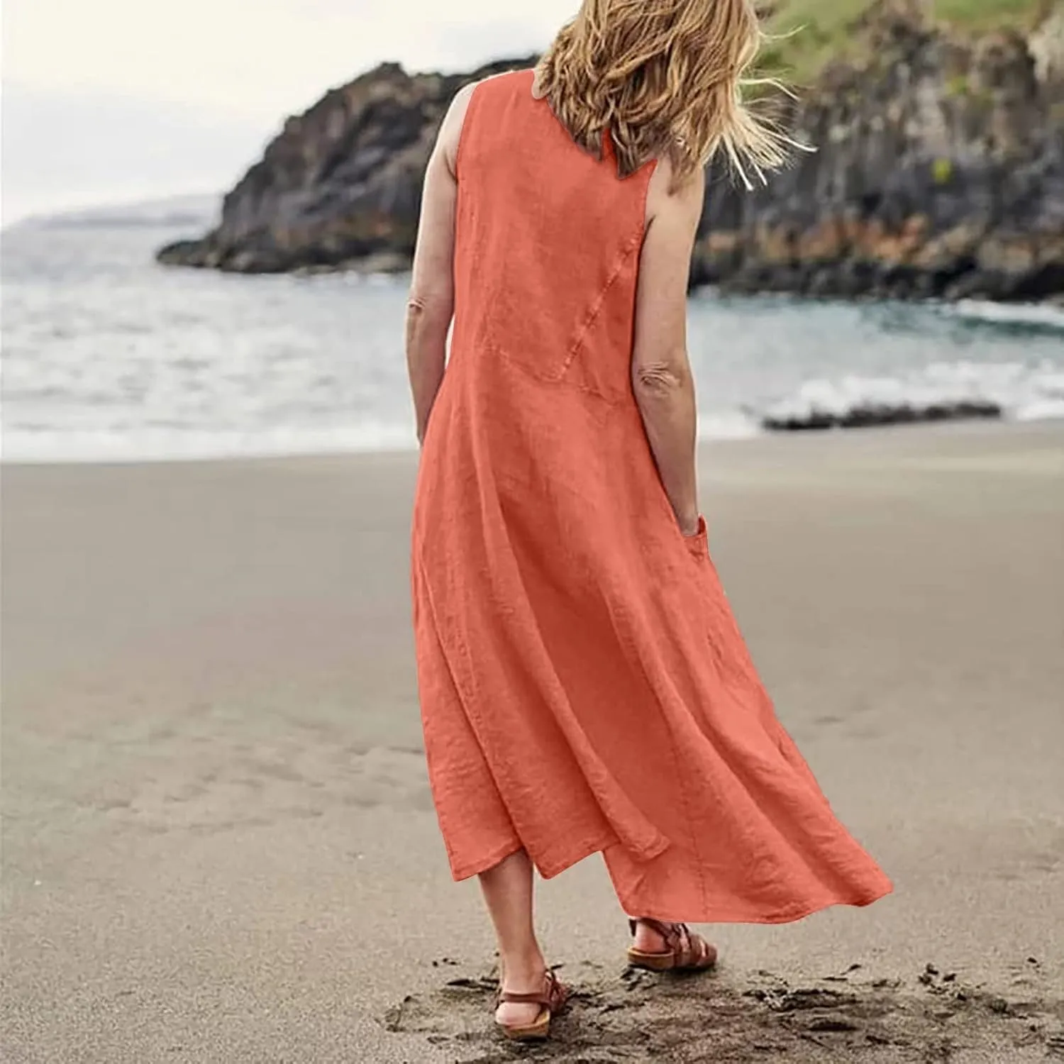 Linen Dresses for Women Casual Summer Comfy Cotton Sundresses Beach Vacation Sleeveless Loose Maxi Dress with Pocket