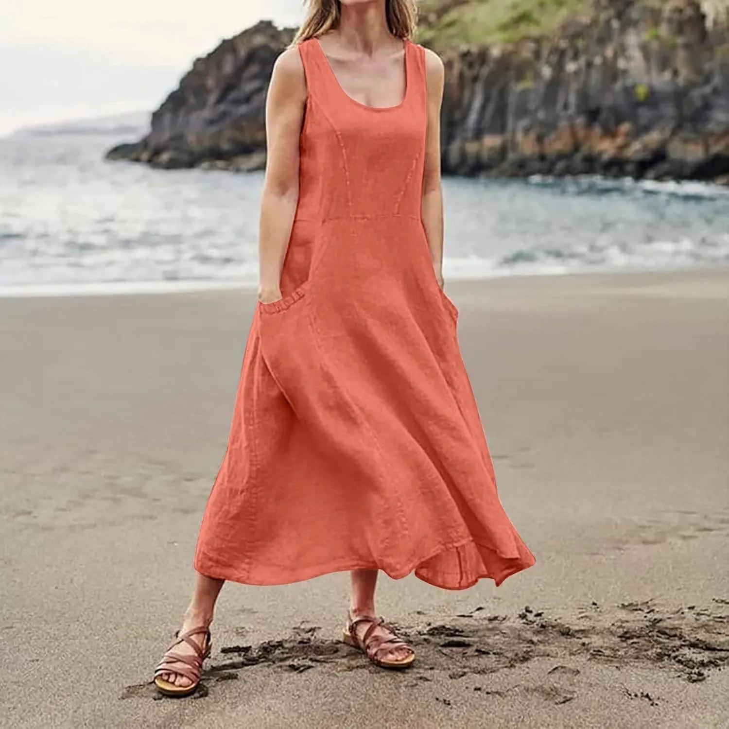 Linen Dresses for Women Casual Summer Comfy Cotton Sundresses Beach Vacation Sleeveless Loose Maxi Dress with Pocket